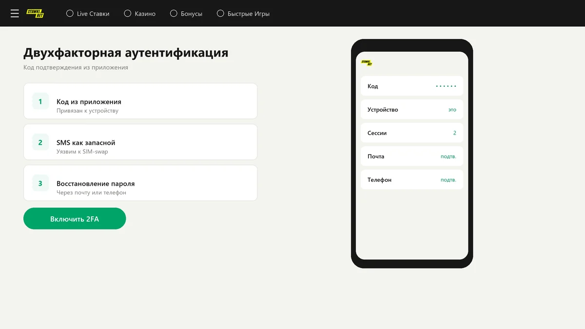 Настройка двухфакторной аутентификации StawkiBet: код из приложения и резервный SMS